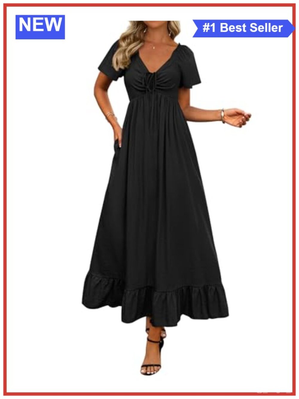Womens Maxi Dress Wedding Guest Short Sleeve V Neck A-Line Smocked Flowy